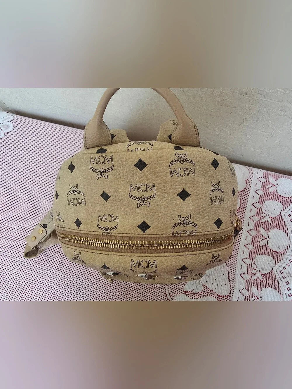 MCM Cream Monogram Medium Backpack AUTHENTIC